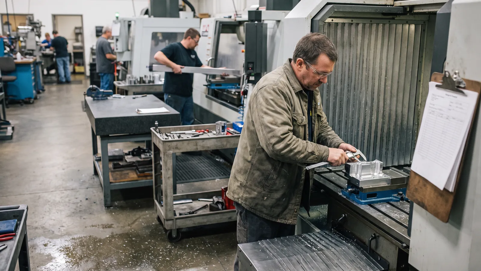 Machinist measuring a part with calipers beside a CNC mill while a paper traveler hangs clipped to the machine guard