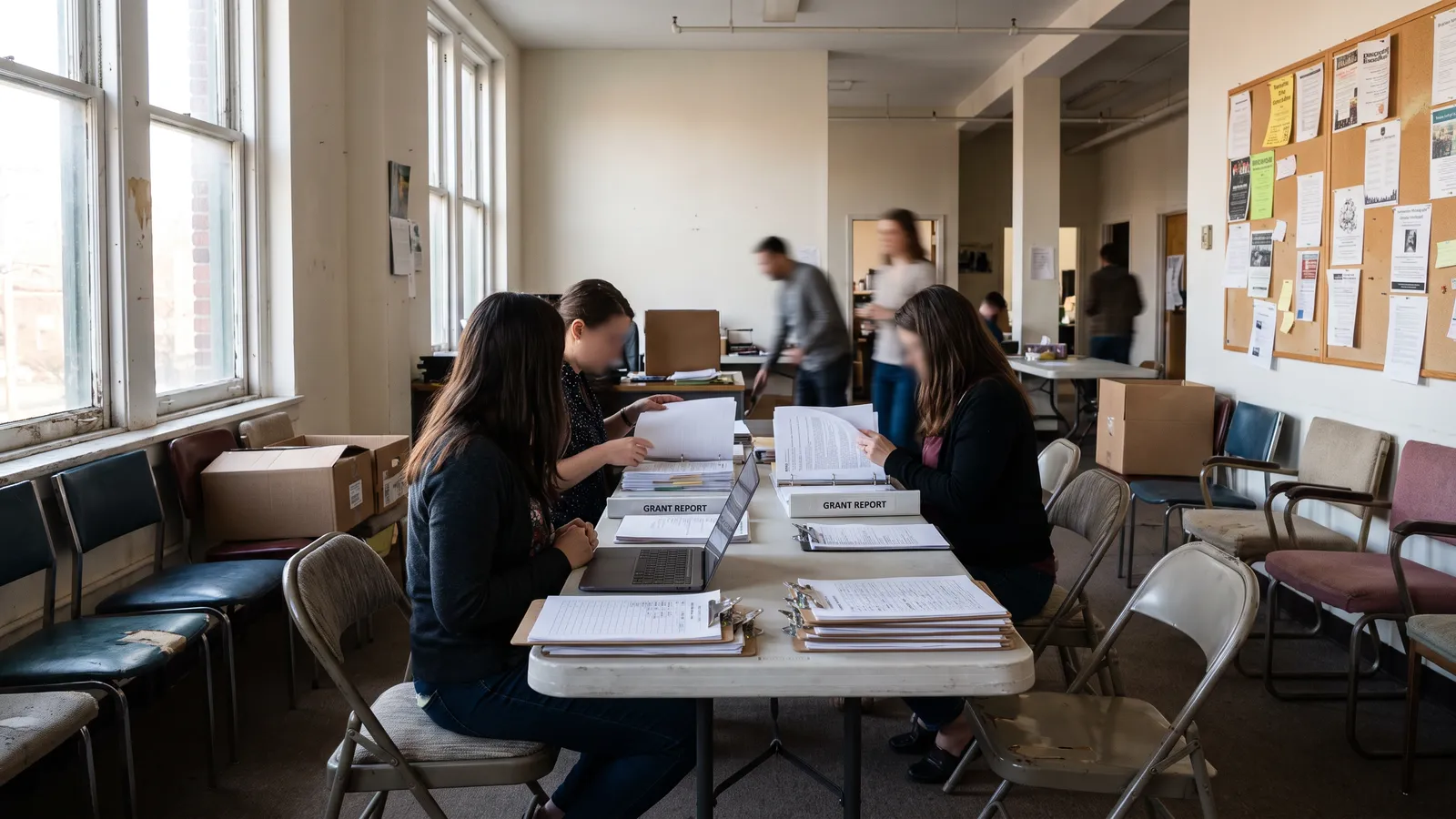 Program staff at a long folding table sorting printed grant reports into labelled binders