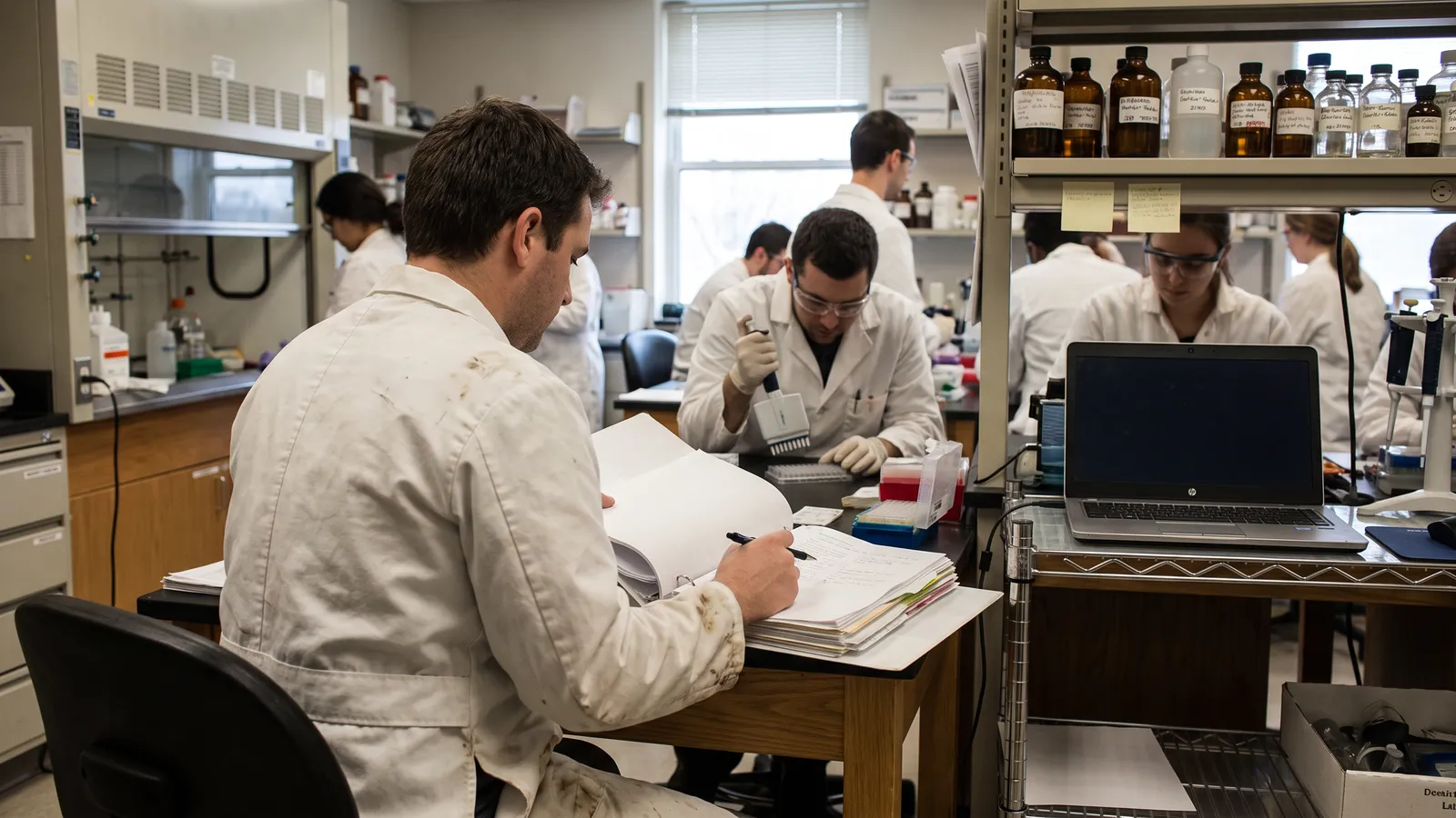 Quality specialist at a lab bench reviewing a printed batch record while a scientist pipettes nearby