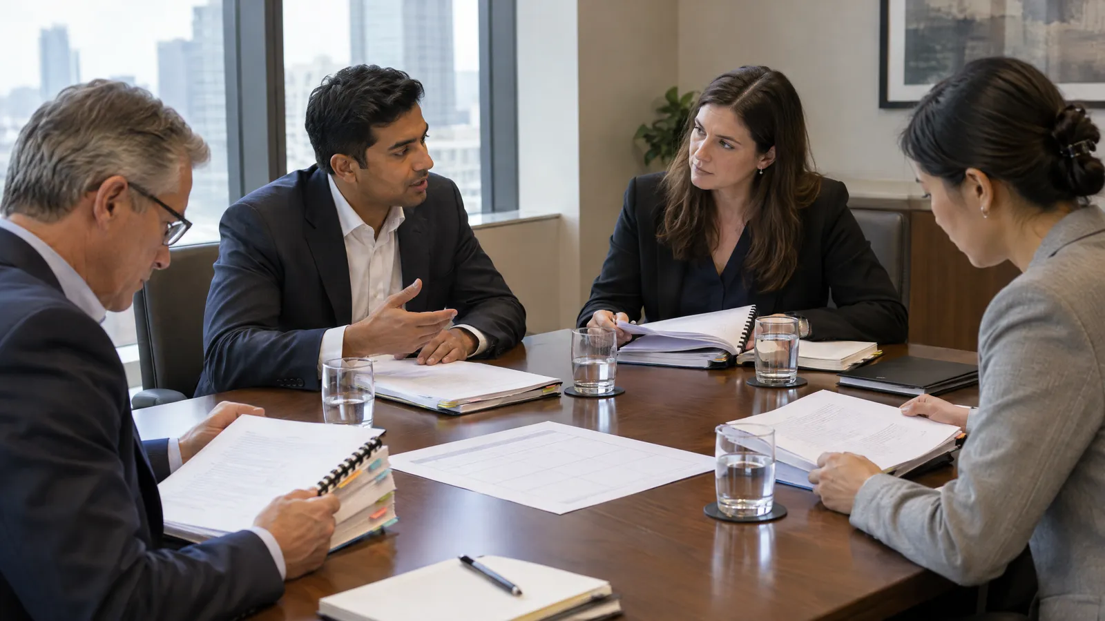 Four partners around a table reading a bound printed memo, one asking a question while an associate answers