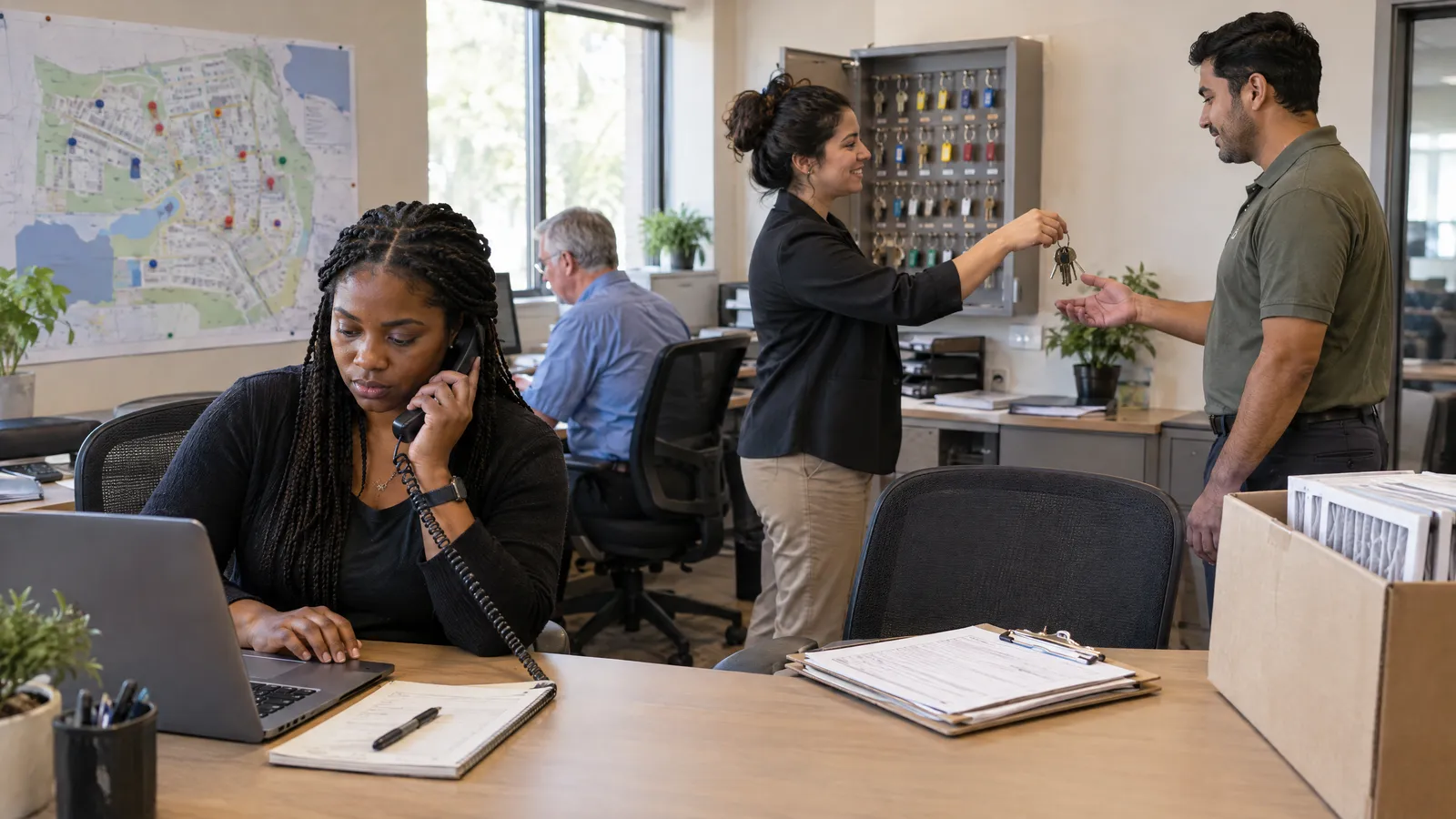 A maintenance coordinator on the phone typing notes while a leasing agent hands over a set of keys to a colleague