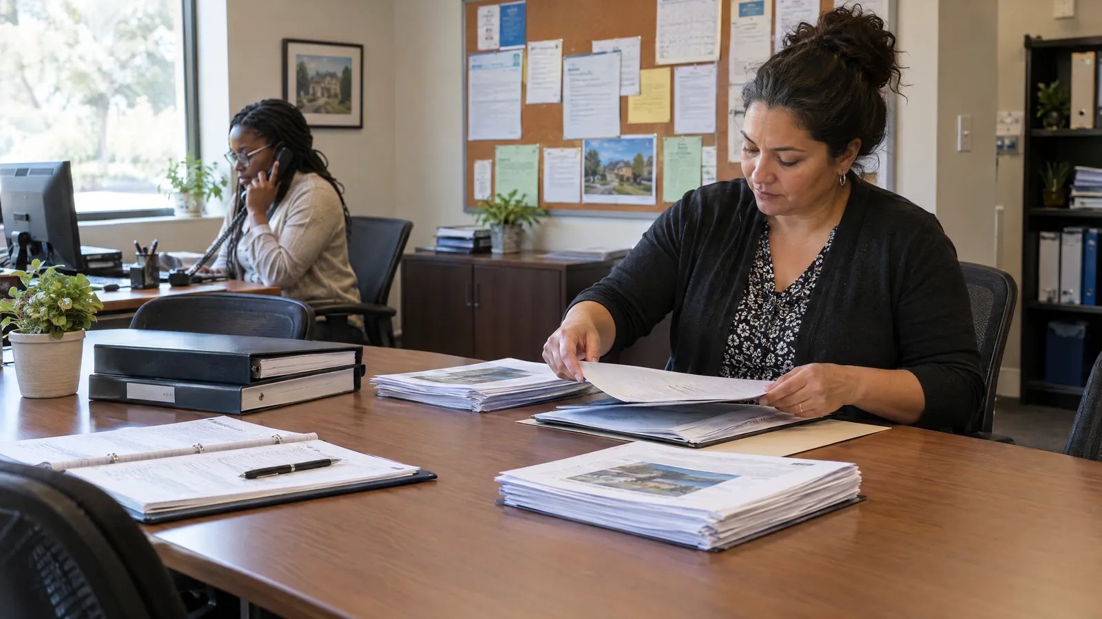An association manager assembling a board meeting packet while a colleague answers a resident phone call at a nearby desk