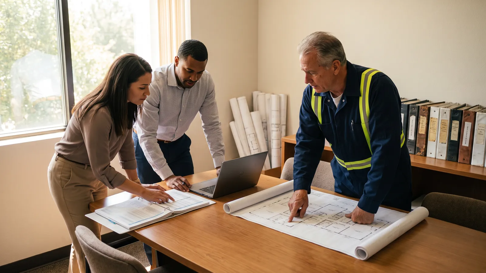 Commercial property managers reviewing a building's expense binder in a conference room