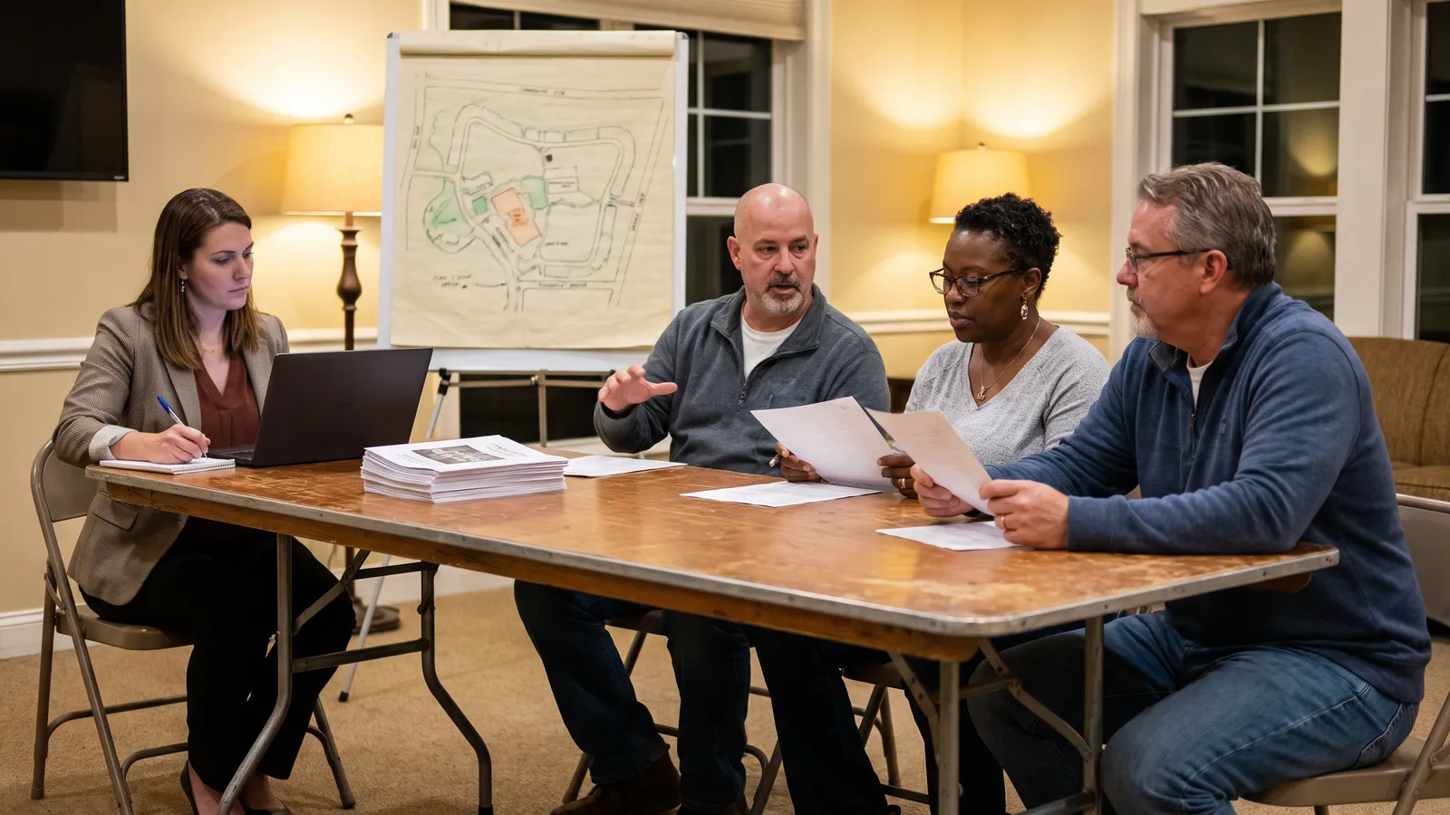 Community association manager taking notes at an evening HOA board meeting