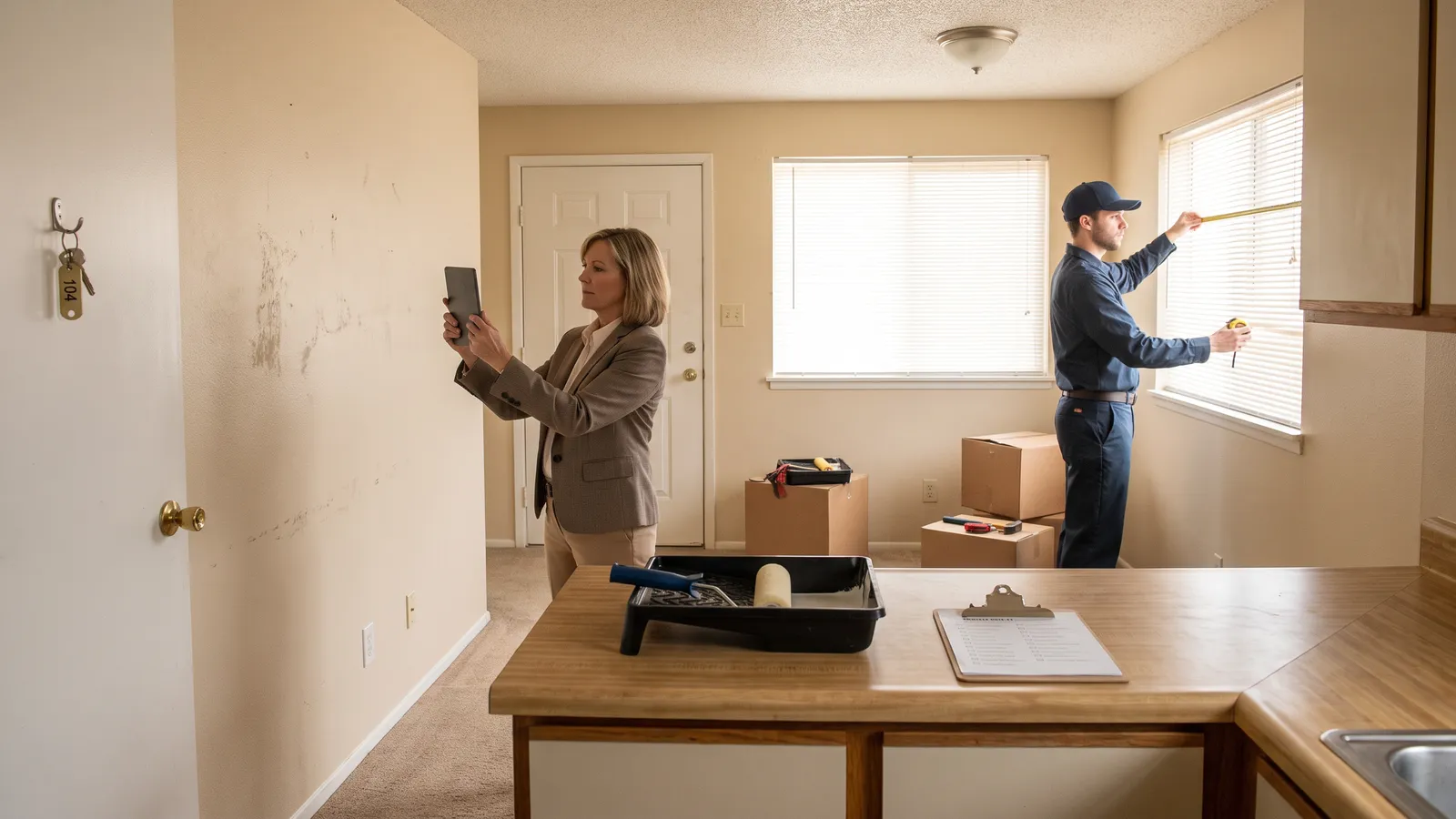 Property manager photographing a vacant apartment during a move-out inspection