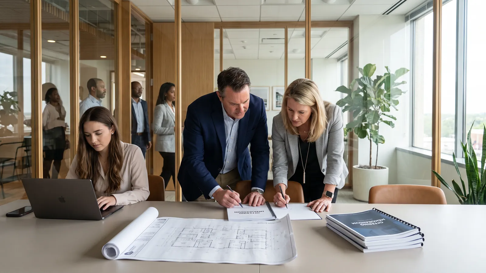 Commercial brokers marking up an offering memorandum in a glass-walled meeting room