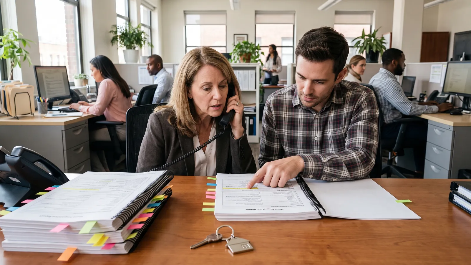 Buyer's agent and transaction coordinator reviewing an inspection report at a brokerage desk