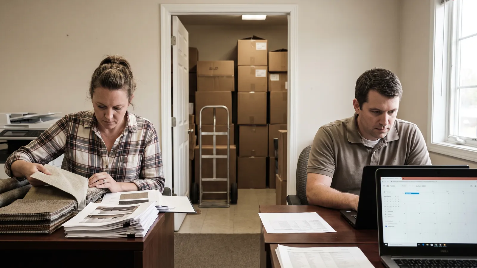 Retail buyer comparing vendor samples against a printed order sheet in a store's back office