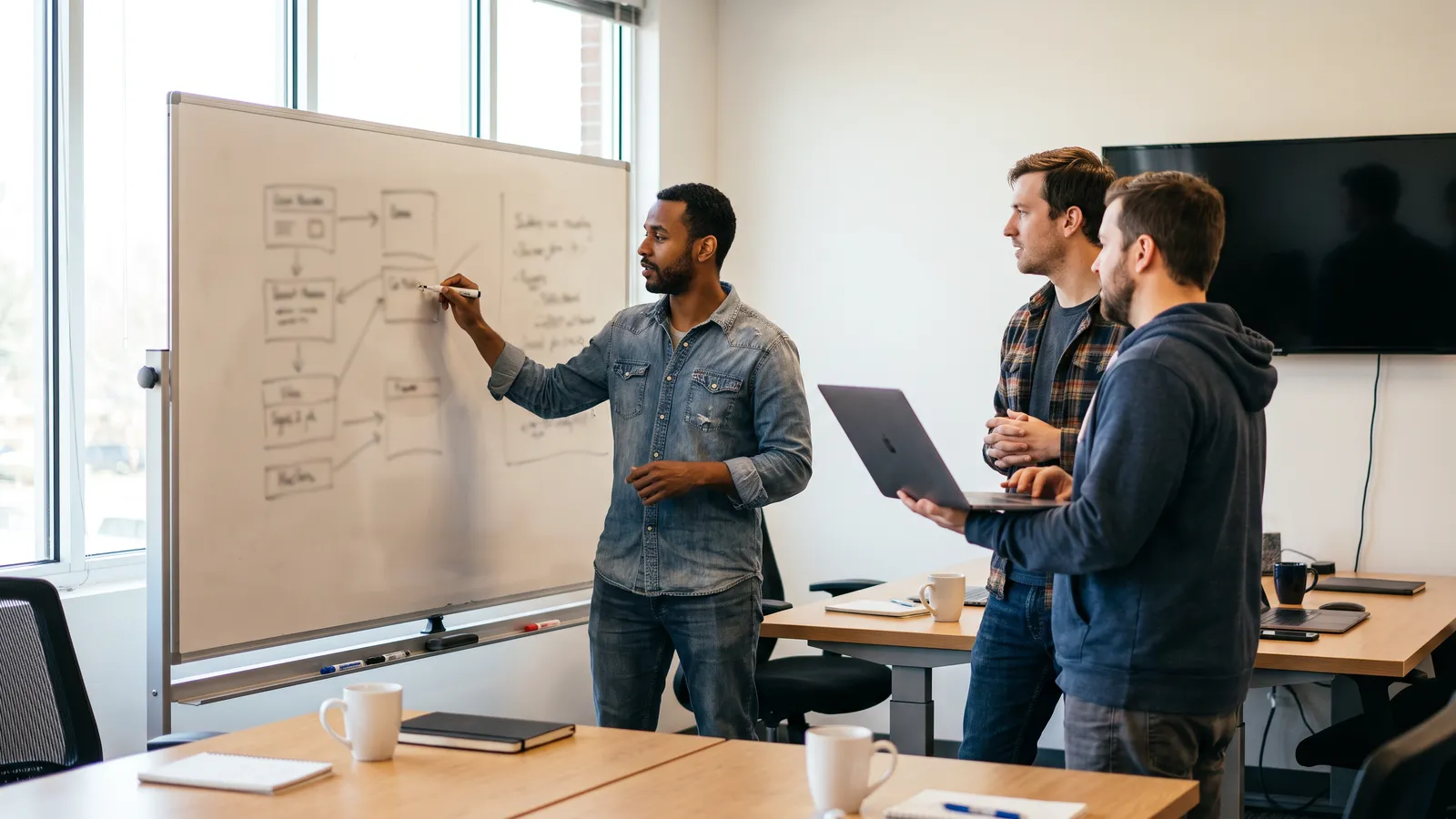 Product manager and engineers planning a sprint at a whiteboard in a software company
