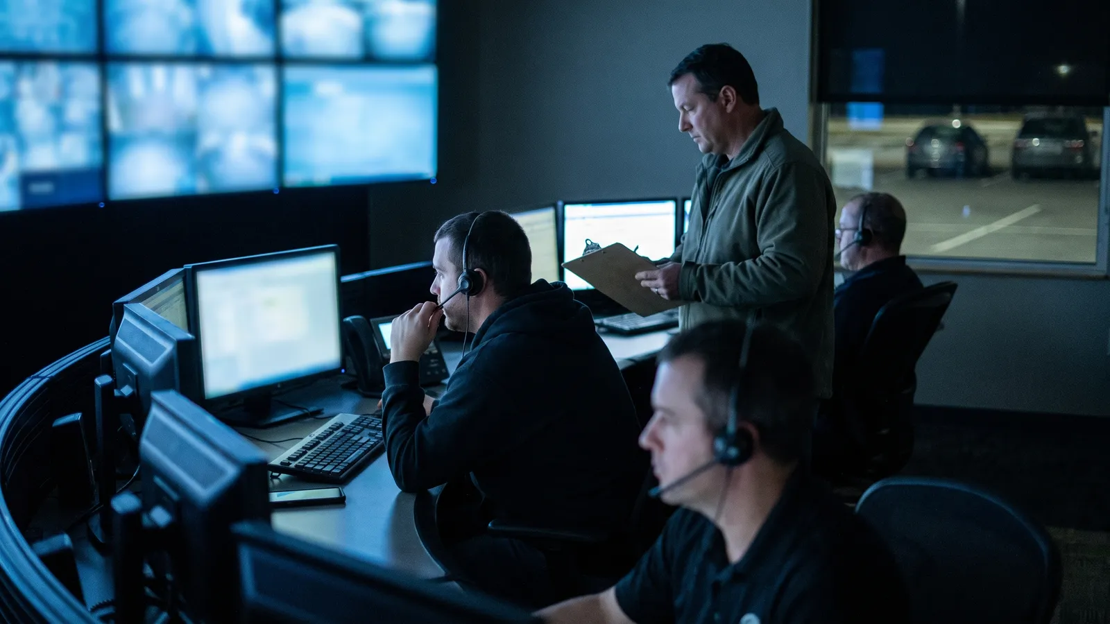 Operators at an alarm monitoring center working headsets in front of event screens at night