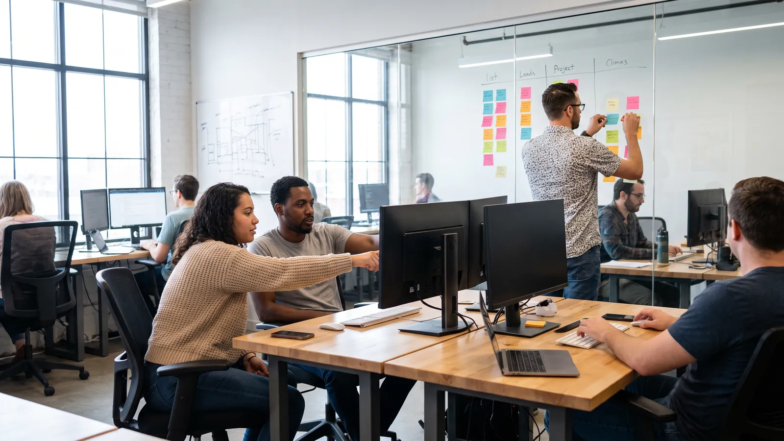 Developers pairing on a code review at a shared desk in a software agency