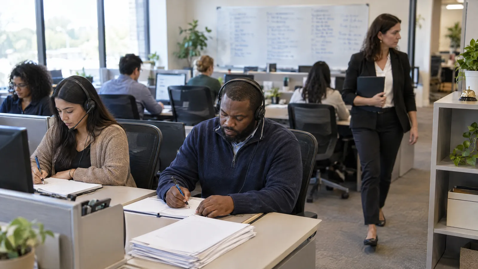 Two recruiters on headsets taking notes during calls while an account manager walks by with a folder