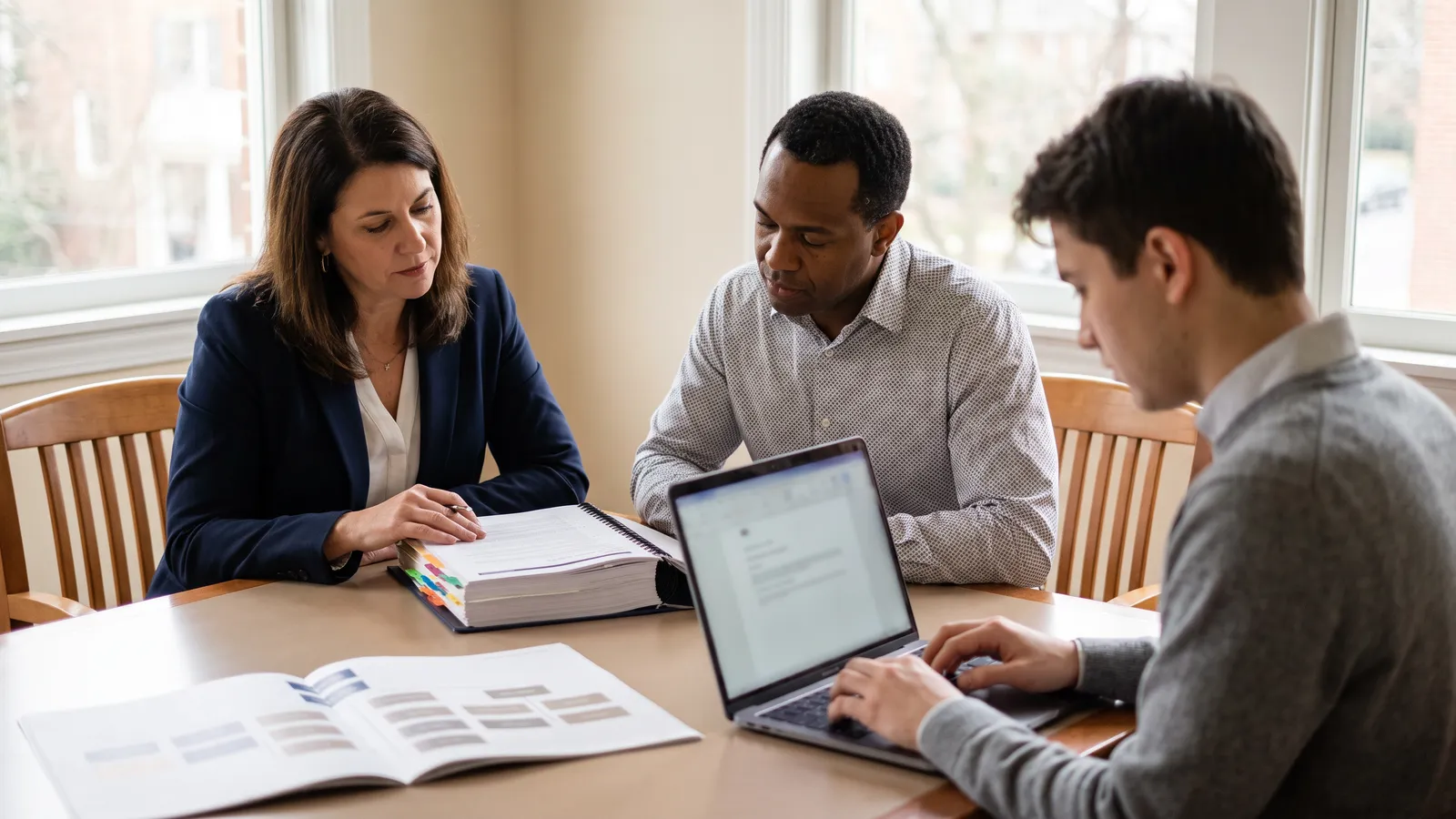 Search consultants reviewing a candidate slate document in a quiet meeting room