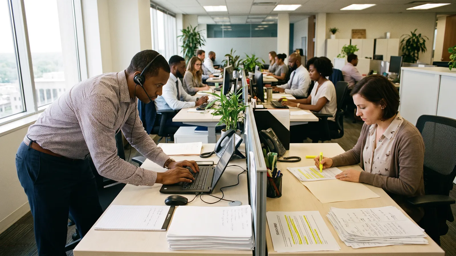 Recruiter on a video screening call with notes beside the keyboard