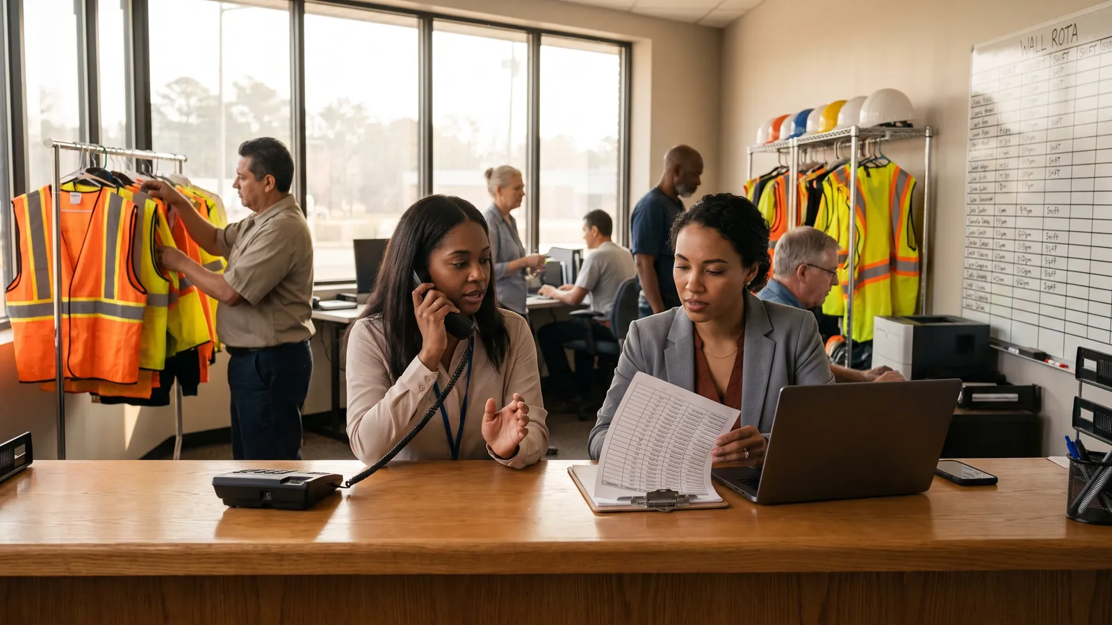 Staffing branch coordinators matching workers to shifts at an early-morning front desk