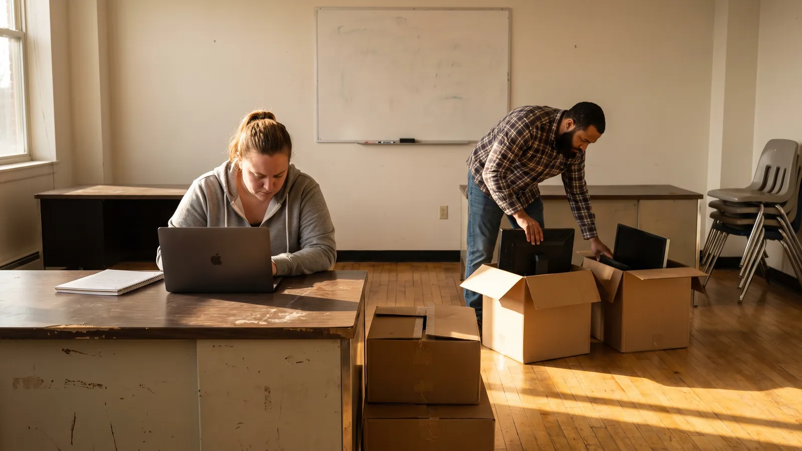 Founder packing up a nearly empty startup office with a laptop open on a desk