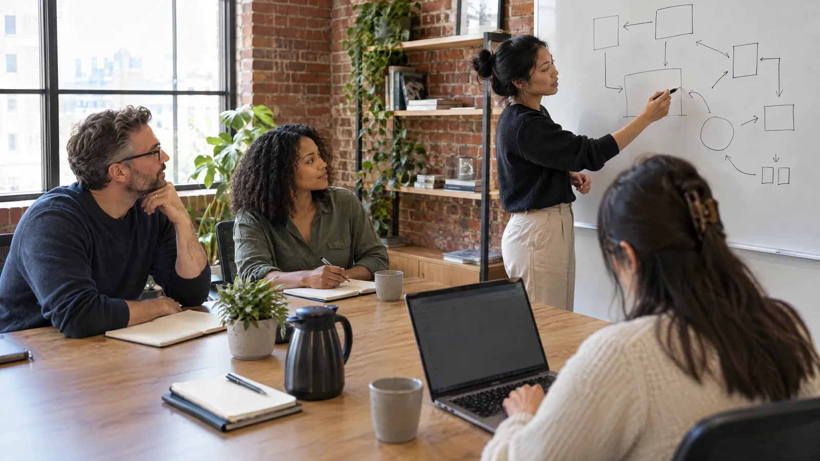 Two partners listening to a founder sketch on a whiteboard while an associate takes notes on a laptop angled away