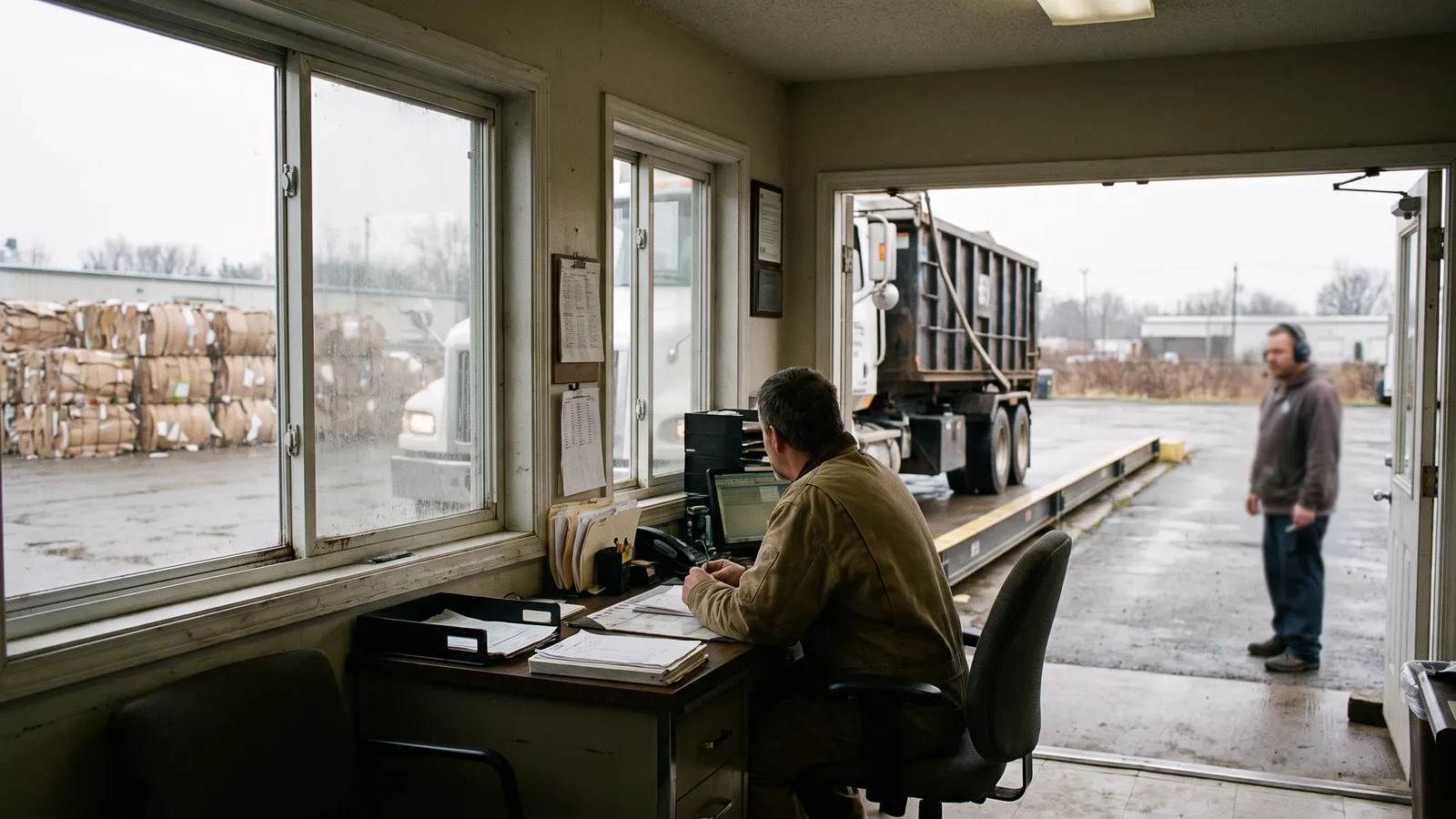 Scale house attendant at a transfer station logging an incoming roll-off truck through the window